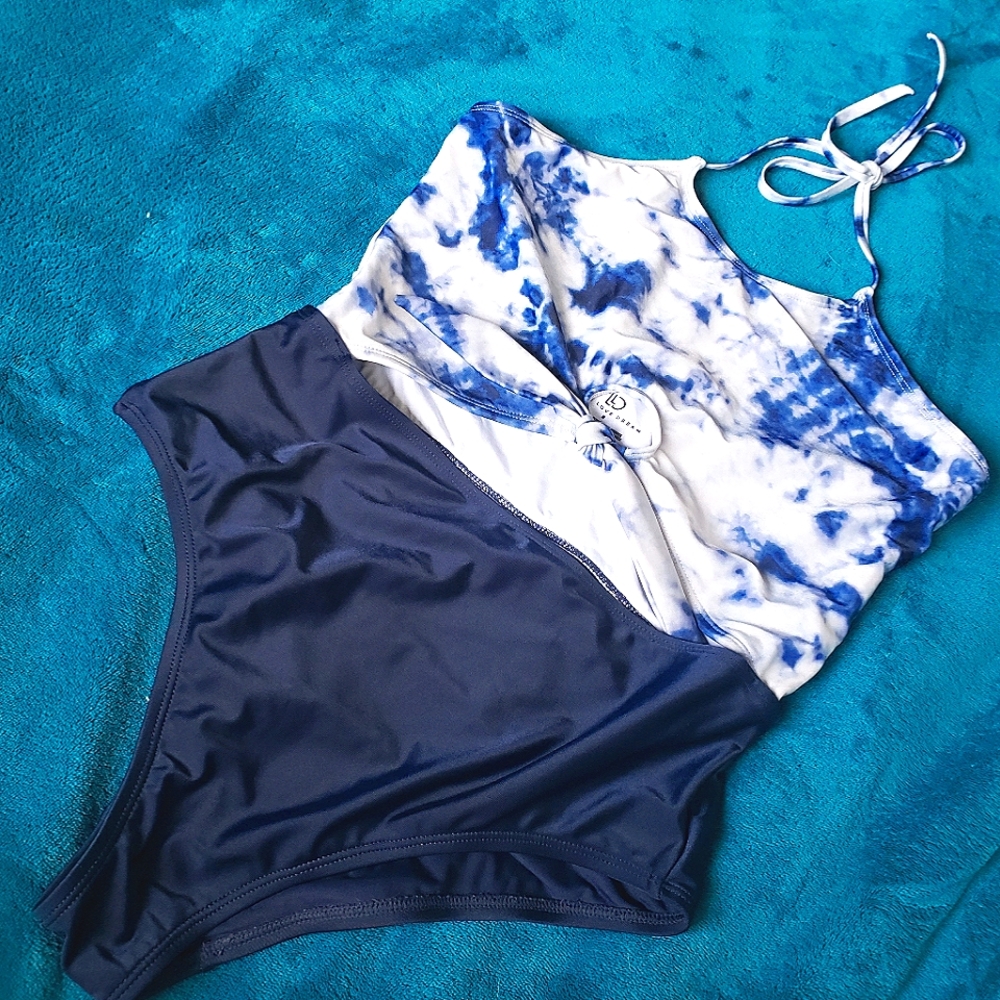 One Piece cut out tie top swim suit blue clouds